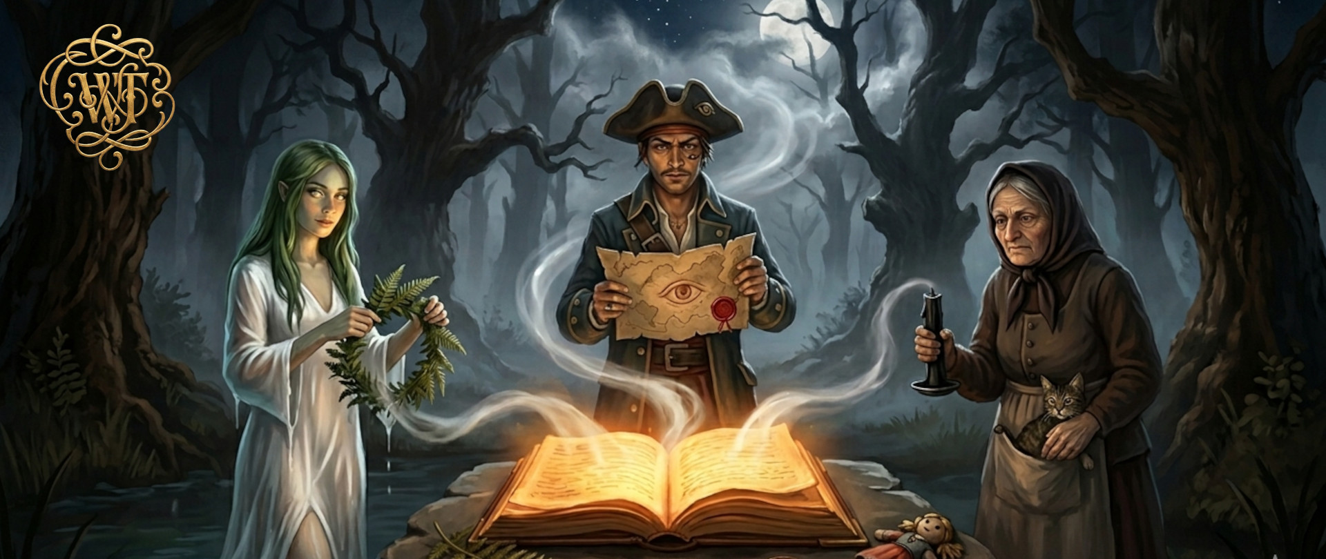 WhisperTeller — key art z trzema postaciami pierwszej przygody