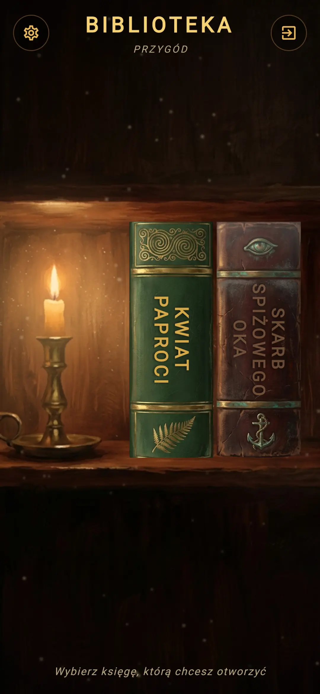 Bookshelf — menu główne z dwiema księgami przygód