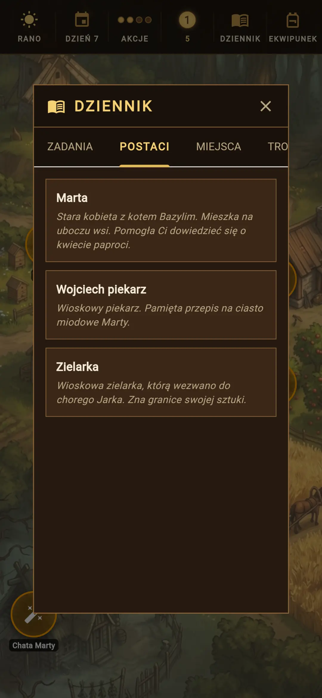 Dziennik gracza — zakładka Postaci z notatkami o NPC-ach